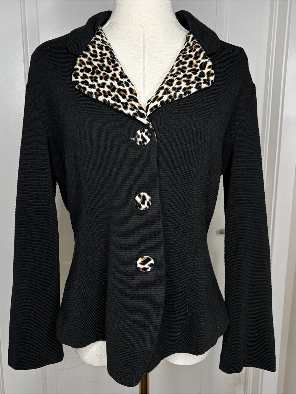 Vintage 80s Cheetah Leopard Animal Print Black Blazer Jacket Size M